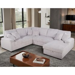 Brand New Biege Corduroy U Sectional With Pullout Sofa And Storage Chaise (123.03 x 97.64 (66.93 Chaise) x 38.19 in. H
(SEAT HEIGHT: 18.90 in.)