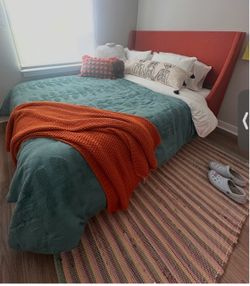 Queen Orange Upholstered Platform Bed Frame — Excellent Condition