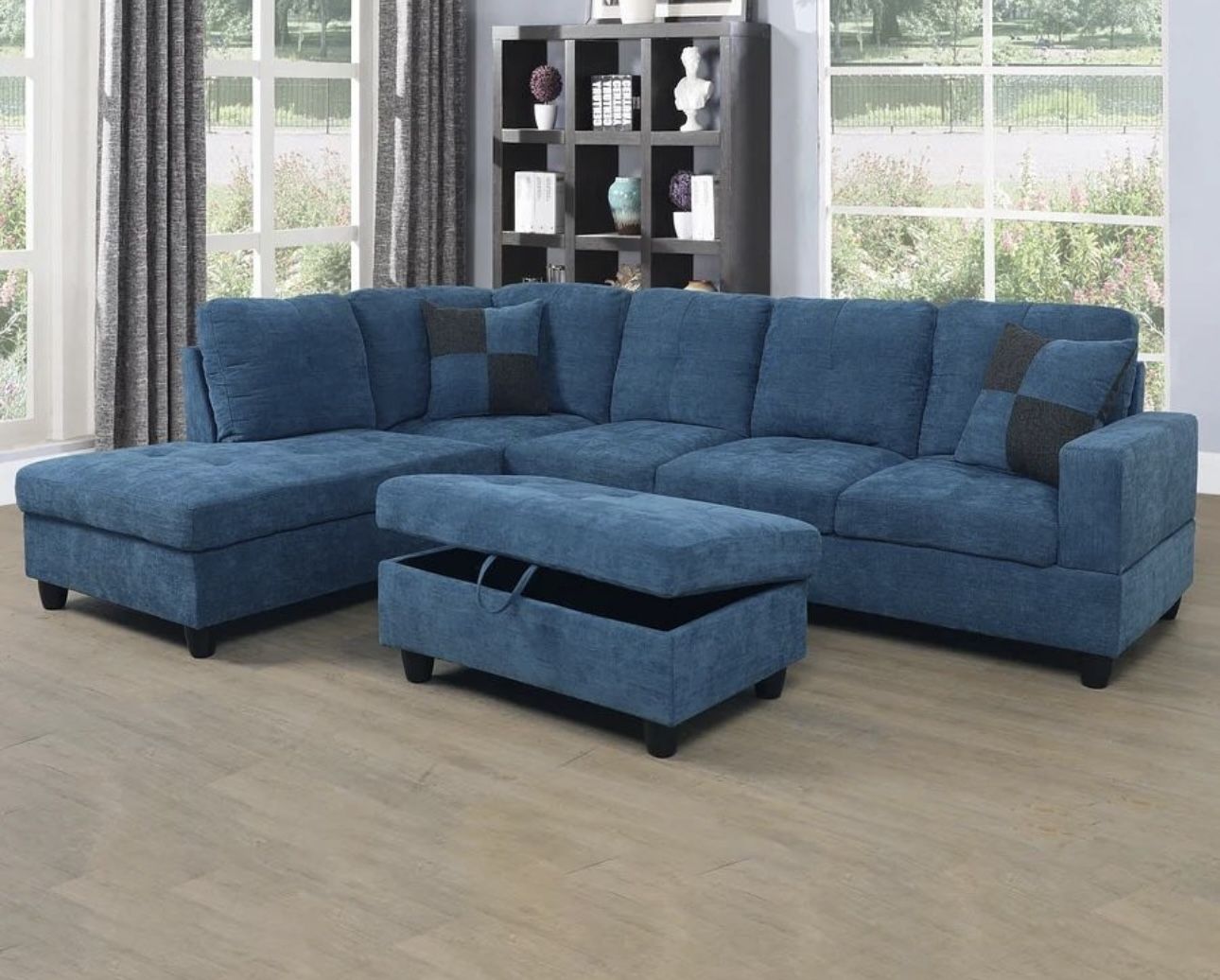 Blue Microfiber Sectional Couch And Storage Ottoman