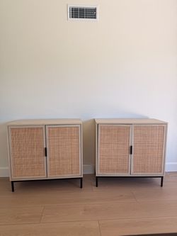 Pair of Rattan Door Wood Storage Cabinets Credenza