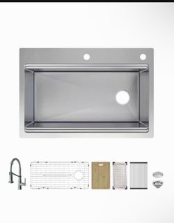 Dolancourt Tight Radius 33 in. Drop-In Single Bowl 18G Stainless Steel Workstation Kitchen Sink with Spring Neck Faucet