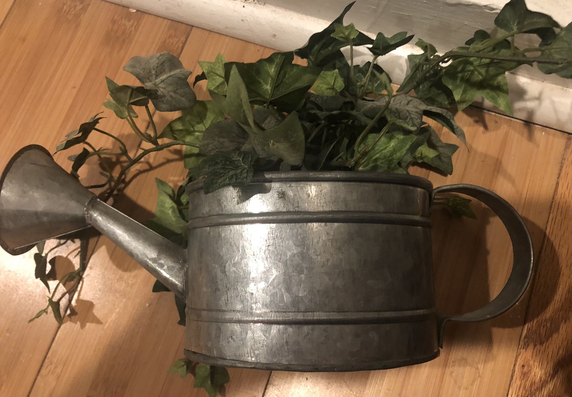 Small galvanized watering bucket with ivy, making it a plant holder