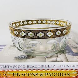 Vintage 1960s Arcoroc France “Valencia” Large Glass Serving Bowl with 22K Gold Trim Diamond Design