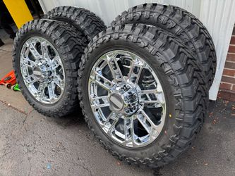 NEW 22 inch chrome f250 style wheels wrapped in atturo mt 35x12.50r22 8 lug 8x170
