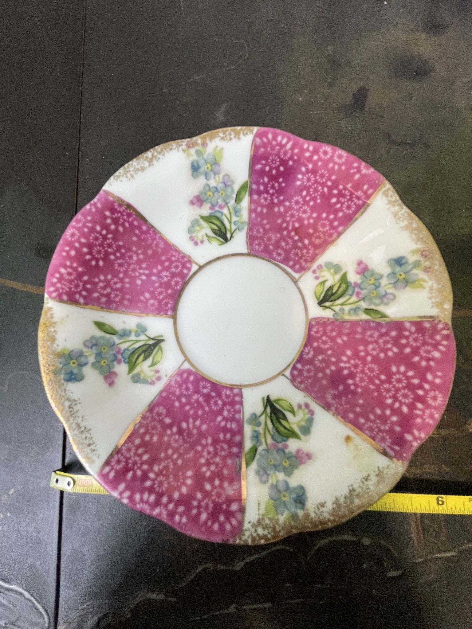 Enesco Vintage Blue Flowers Maroon Bands Hand Painted Replacement Saucer