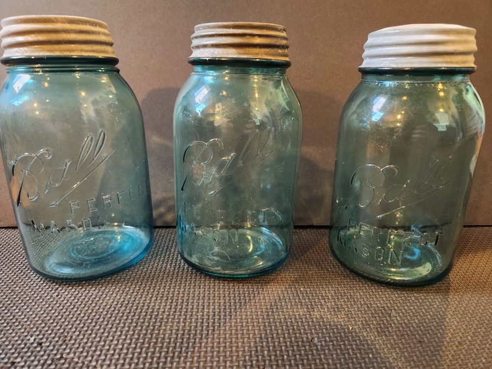 Vintage Antique aqua Ball Perfect Mason Jar set of 3 with original lids