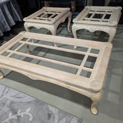 NICE COFFEE TABLE AND TWO END TABLES, GLASS TOPS IN GREAT CONDITION