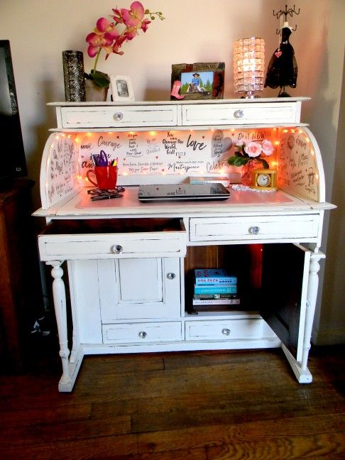 Desk Woman's Inspiration Girl Power Desk Chalk Painted Home Office Decor String Lights Cabinet