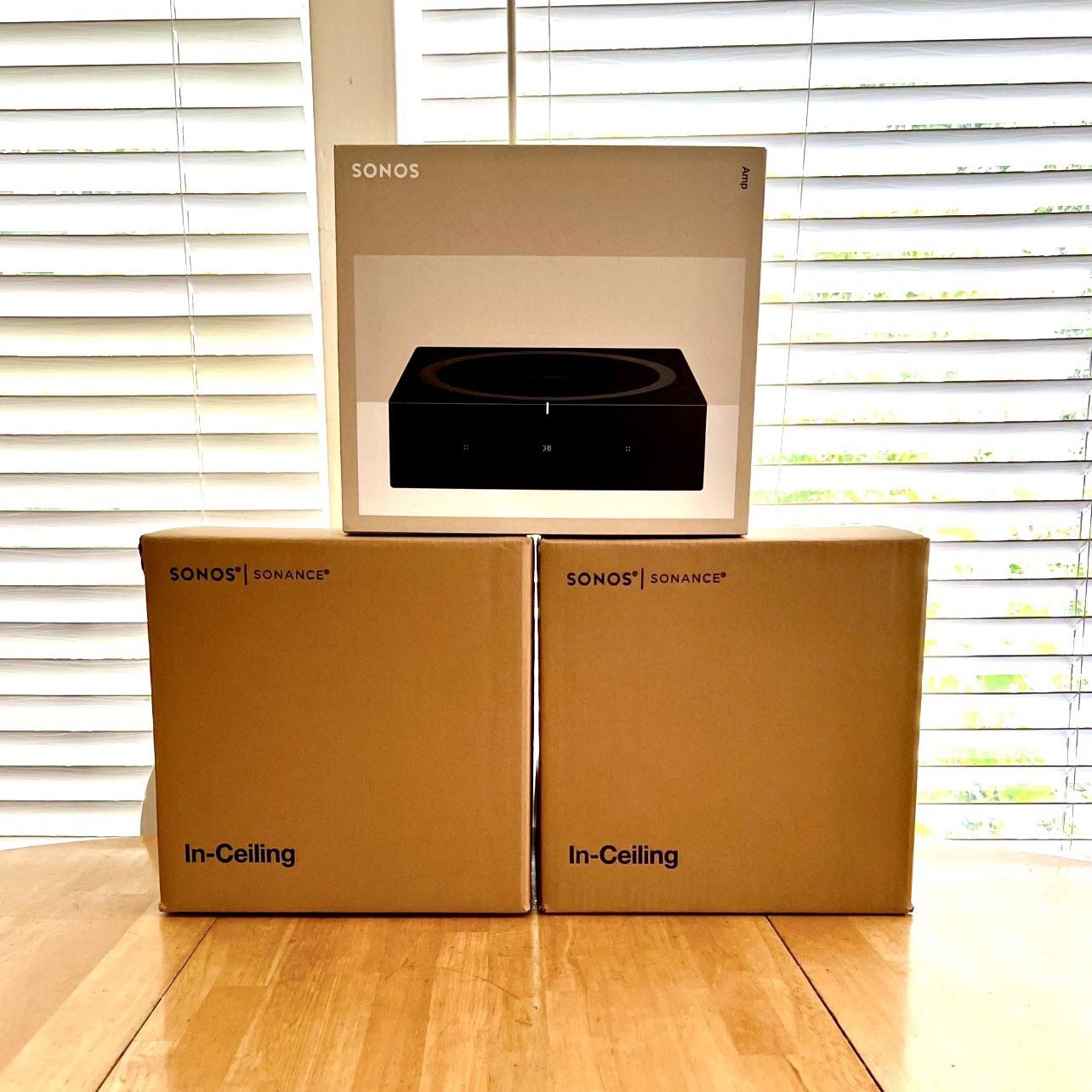 4 x Sonos Architecture In Ceiling Speakers Including The Latest Sonos Amp 250w, 2.1 Channel Amplifier.  Brand New. Includes Manufacture Warranty.