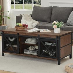 Coffee Table with Storage, 43" Rectangle Coffee Tables with Sliding Barn Doors, Rustic Low Living Room Desk with Cabinet for Home Office