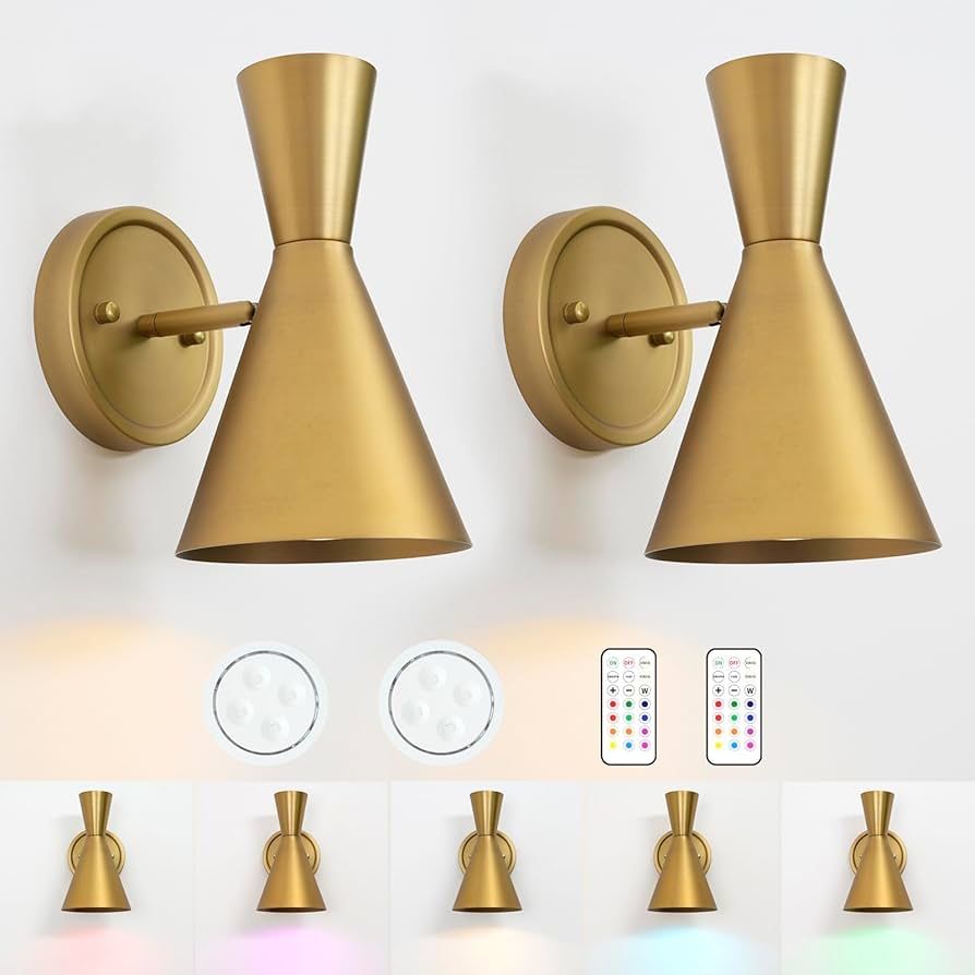 2 Adjustable Battery Powered Wall Sconces with Remote Dimmable Antique Gold Light Fixtures Indoor