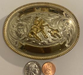 Vintage Metal Belt Buckle, Brass and Silver, Calf Roping, Rodeo, Nice Western Style Design, 4" x 3", Heavy Duty, Made in USA, Quality, Thick Metal, Fo