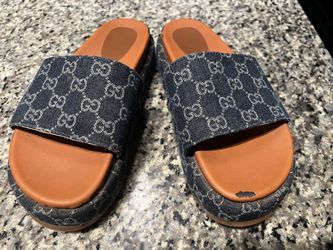 GUCCI Blue Angelina Logo-jacquard Organic Denim Platform Sandals