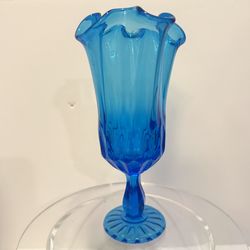 VINTAGE FENTON THUMBPRINT COLONIAL BLUE PEDESTAL SWUNG VASE 7.50" Tall