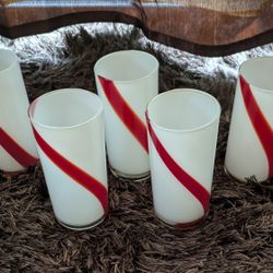 5 Piece Set Of milk Glass -Glasses With Red Swirl