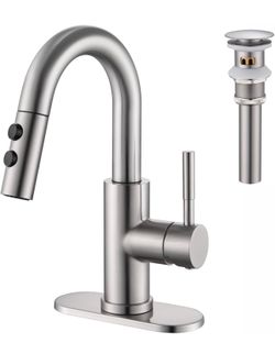 Kablle Bathroom Sink Faucet with Pull Down Sprayer, Brushed Nickel Single Handle Pull Out Faucet with Pop-Up Drain, 1 or 3 Hole Laundry Bar Basin Fauc