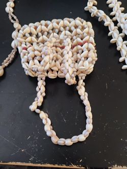 Vintage cowrie shell purse, necklace,s
