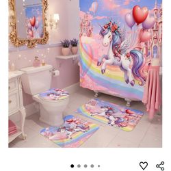 4 pcs Unicorn mat and curtains- new and sealed
