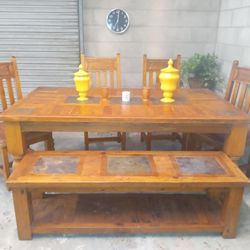 Vintage Table With Bench And 4 Chairs 