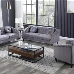 Gray Living Room 3 Piece Set Include Sofa, Loveseat And Chair New In Packaging 