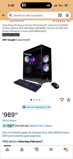 Gaming PC CyberPowerPC Gamer Xtreme VR Gaming PC, Intel Core i5-13400F 2.5GHz, GeForce RTX 5060 8GB, 16GB DDR5, 1TB PCIe 4.0 SSD, WiFi Ready & Windows