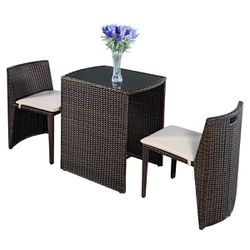 3 Pcs Cushioned Outdoor Wicker Set For Garden Lawn Patio (Brown)