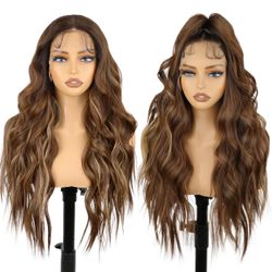 NEW/SEALED 13x4 Synthetic Lace Front Wig Preplucked with Baby Hair Long Wavy Amber Brown with Highlight Wig Glueless 26 Inch Suitable for Festivals an