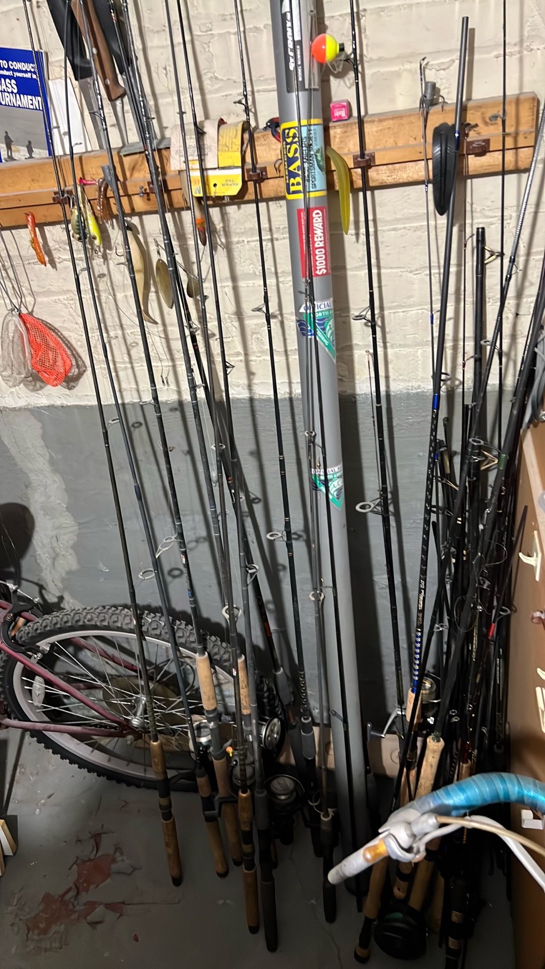 Fishing poles light action med action and heavy action rods and most with reels on them ,most quality type rods