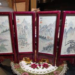Vintage Mini 4 Panel Asian Screen 2-Sided Hand Painted Birds & Scenic Decor