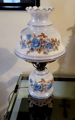Vintage Hurricane Table Lamp Floral Glass Shade