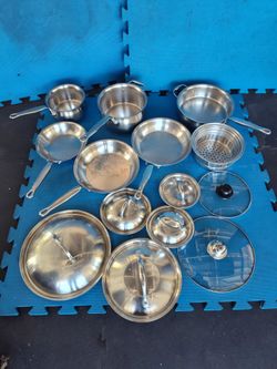 $140 firm, yes, it's available. Kirkland signature stainless steel pan and pot set, 14 pieces, great condition, no 'forever chemicals