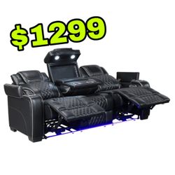 Beautiful New Genuine Leather Power Double Reclining Sofa W/ Wireless Charger, Air Massage & Heat