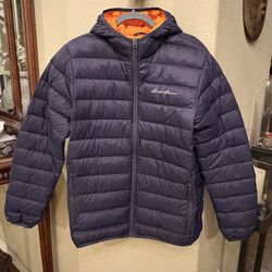 Eddie Bauer Navy Orange CirrusLite Down Puffer Hooded Zip Jacket Size Medium