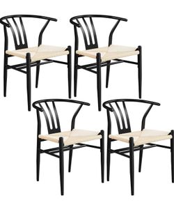 Modern Dining Chair Set of 4 Black Frame Woven Seat Chairs