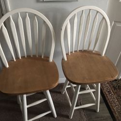 2 White Wooden Swivel Bar Chairs