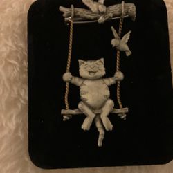 Vintage Pewter Cat swinging on a dangling Swing( JJ Jonette)