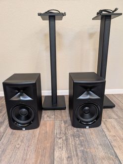 JBL LSR308 Series 3 Linear Spacial Reference Studio Monitors with power cables and stands.