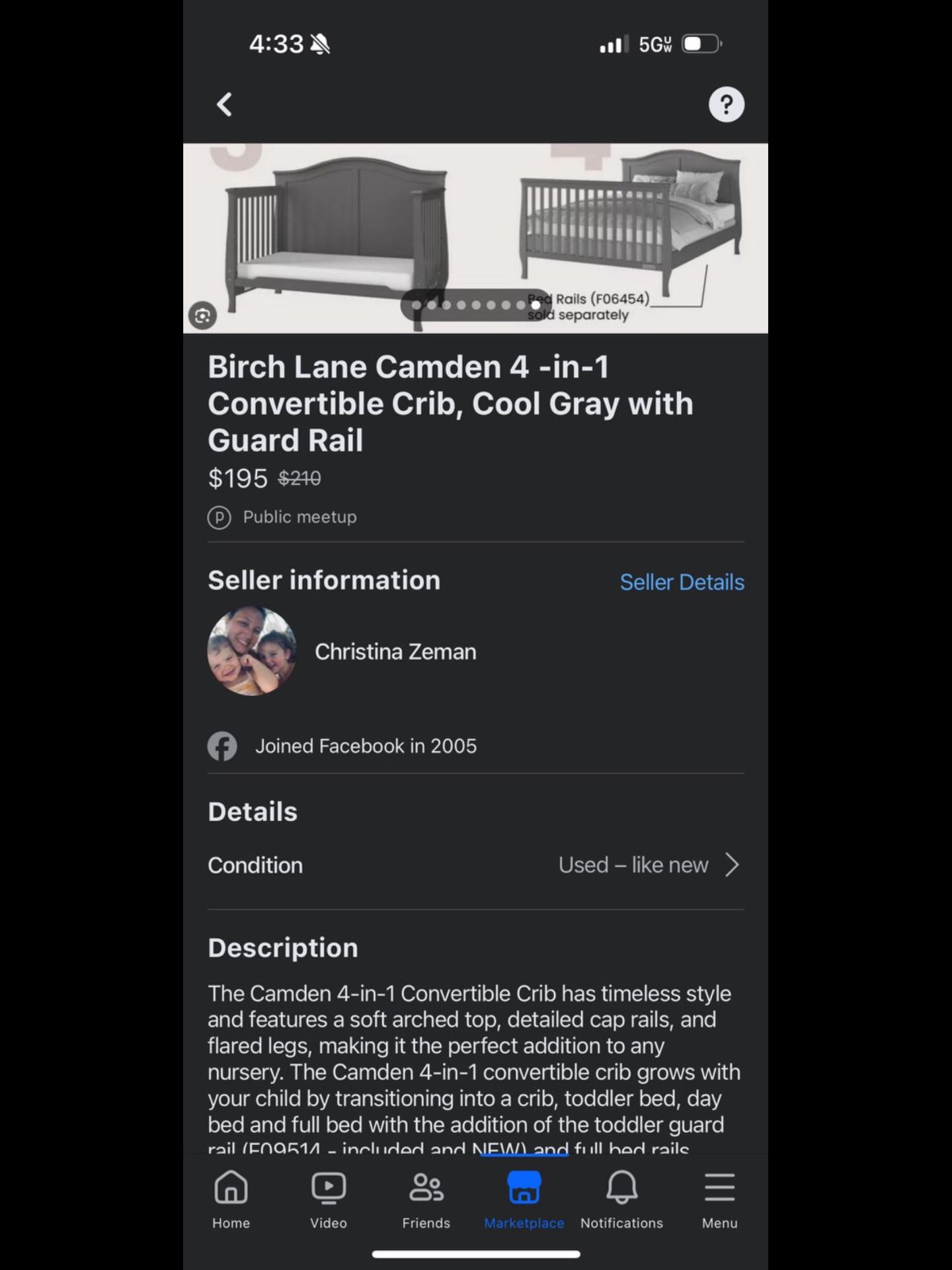 Birch Lane Camden 4-in-1 Crib, Cool Gray With Guard Rail Excellent Condition 