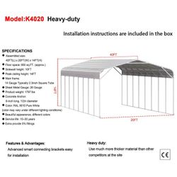 40FT x 20FT Metal Carport – Weatherproof Steel Vehicle Shelter - The customer must have unloading capabilities, such as a forklift or crane