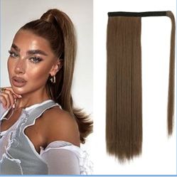 BARSDAR Golden Brown Straight Wrap Ponytail Extensions - 18 Inch Long Straight Wrap Around Ponytail for Women - Synthetic Clip in Brown Pony Tails Hai