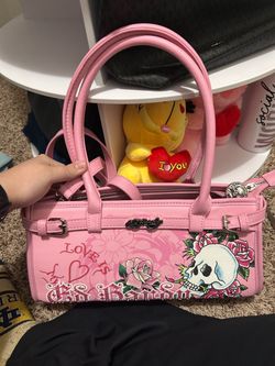 Ed Hardy Pink Handbag with Skull and Rose Print