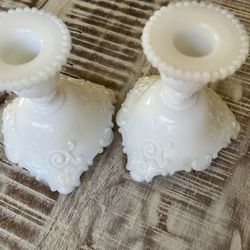 2 Vintage Westmoreland Candle Stick Holders- Scroll & Lace- Milk Glass