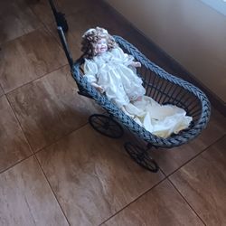 Antique Victorian Doll Buggy And Porcelain Doll 
