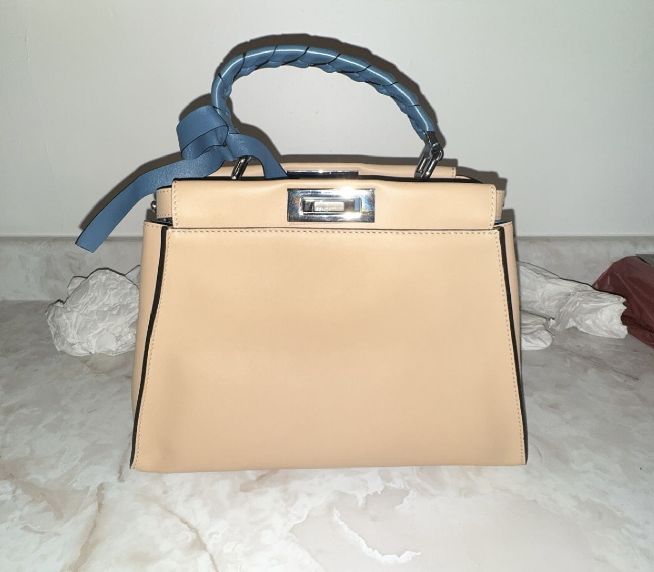 Authentic Fendi Peekaboo Bag – Beige & Blue Calfskin with Silver Hardware