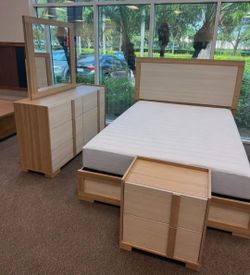 Bedroom set 4 pcs wood set new bed dresser mirror and Nightstand