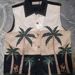 Life Style Vintage Button Up Monkey Palm Trees Vest - Size M - Wildlife, Gently Worn Very Good Condition, Non Smoker 