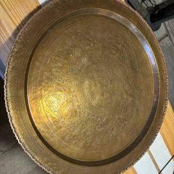 Vintage Large Asian Round Brass Tray Table, Wall Hanging, Scalloped Edges 