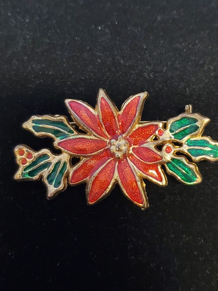 Vintage SFJ Poinsettia Brooch Pin 42530 Red and Green Enamel Goldtone