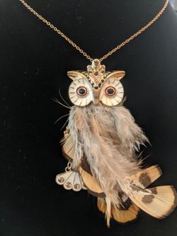 $10. Beautiful feather owl pendant on gold tone necklace. Necklace is 26 in. Al pendant is 4 in long and 1.5 in wide.