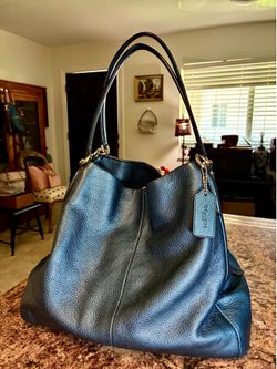 Coach Metallic Blue Phoebe Pebbled Leather Shoulder Bag